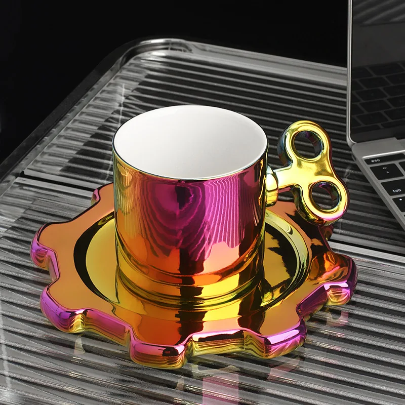 New Creative Clockwork Gear Cup and Saucer Gold Silver Colorful Ceramic Coffee Tea Cup Saucer Set Luxury Wedding Birthday Gifts
New Creative Clockwork Gear Cup and Saucer Gold Silver Colorful Ceramic Coffee Tea Cup Saucer Set Luxury Wedding Birthday Gifts