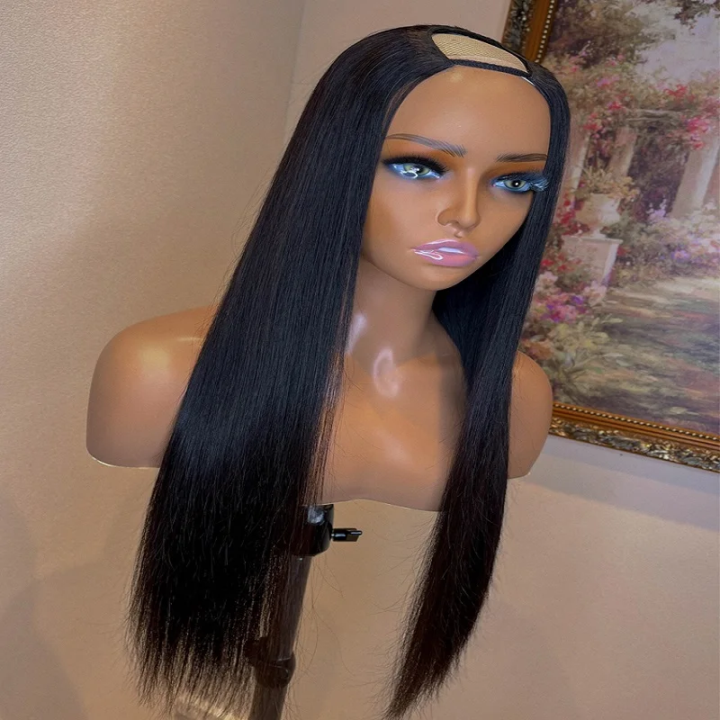 

Jet Black 24 inch Silky Straight U Part Wig European Remy Human Hair Long Glueless Jewish Soft Wig For Black Women Daily