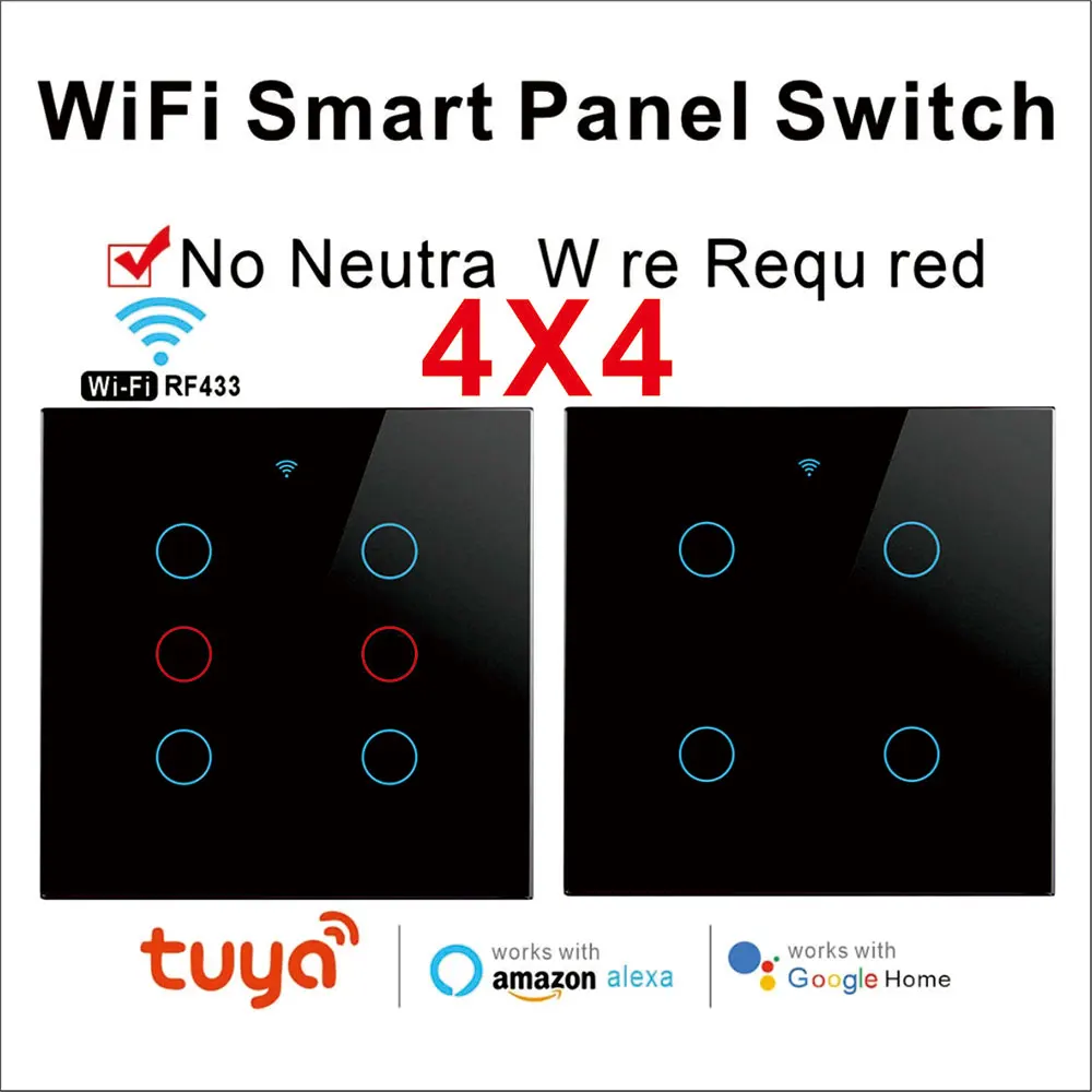 Smart Wifi Touch Switch No Neutral Wire Required Smart Home 4/6 Gang Light Switch 220V Support Alexa Tuya App 433RF Remote
Smart Wifi Touch Switch No Neutral Wire Required Smart Home 4/6 Gang Light Switch 220V Support Alexa Tuya App 433RF Remote
