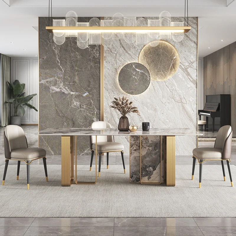 Rock slab dining table simple rectangular light luxury stainless steel dining table and chairs high-end villa furniture
Rock slab dining table simple rectangular light luxury stainless steel dining table and chairs high-end villa furniture