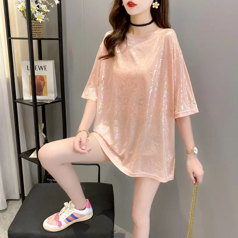 2022 Womens Summer Short Sleeve T Shirt Woman Korean Style Loose O Neck Shinny Long T-Shirt Streetwear T Shirts Casual Tee Shirt
2022 Womens Summer Short Sleeve T Shirt Woman Korean Style Loose O Neck Shinny Long T-Shirt Streetwear T Shirts Casual Tee Shirt