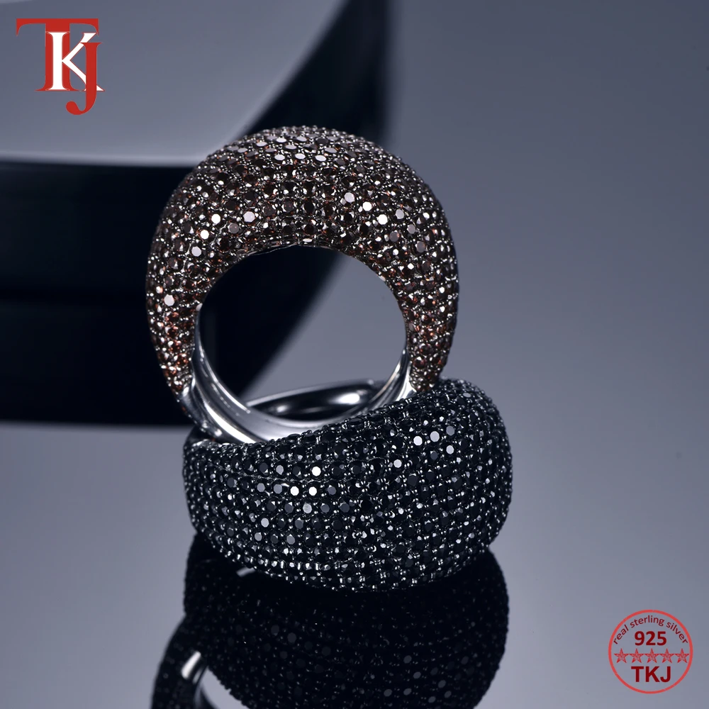 

TKJ модное кольцо с черной шпинелью, Настоящее серебро 925 пробы, кольца с драгоценными камнями для женщин, круглые камни, Свадебные обручальные ювелирные изделия, подарок