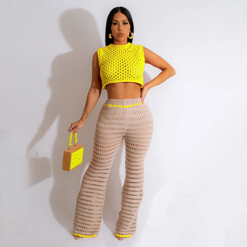 Hollow Out Knitted Two Piece Set Women Summer O Neck Sleeveless Crop Tops High Waist Wide Leg Pants Holiday Beach Outfits Suit
Hollow Out Knitted Two Piece Set Women Summer O Neck Sleeveless Crop Tops High Waist Wide Leg Pants Holiday Beach Outfits Suit