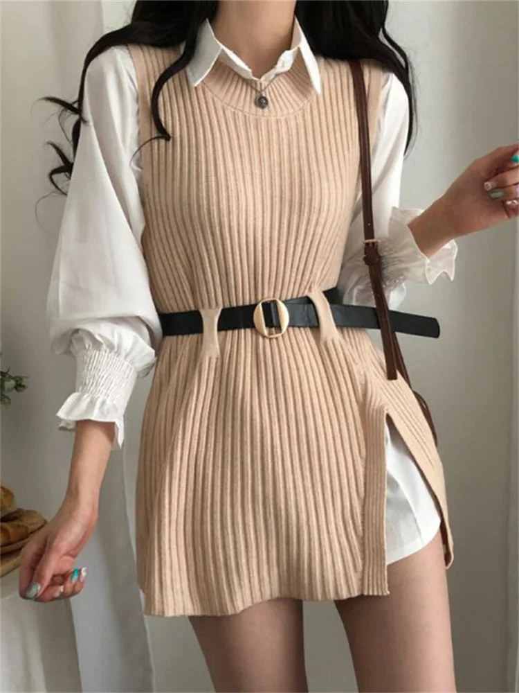 Korean Chic Dress Set Ladies All-match Lapel Mid Length Shirt + Tie Waist Irregular Knitted Sweater Vest Two Piece Suit Women
Korean Chic Dress Set Ladies All-match Lapel Mid Length Shirt + Tie Waist Irregular Knitted Sweater Vest Two Piece Suit Women