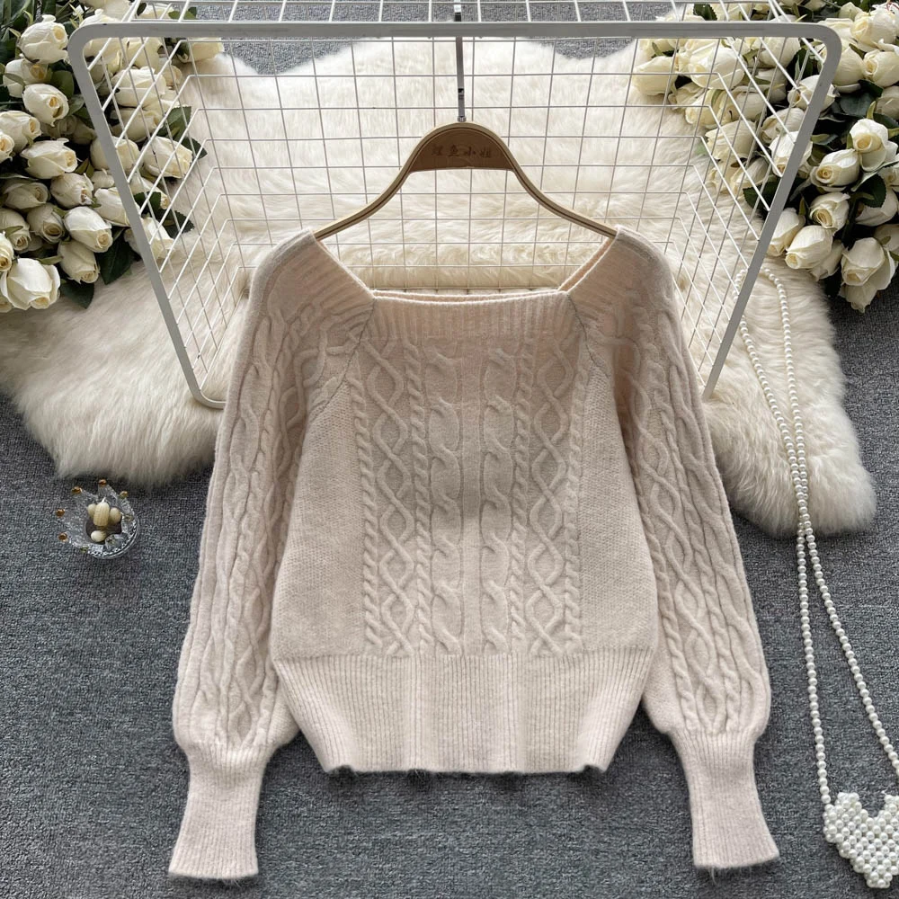 

Autumn and Winter Lantern Sleeves Square Neck Twist Design Sense Lazy Wind Outside Wear Bottoming Pullover Knitted Sweater