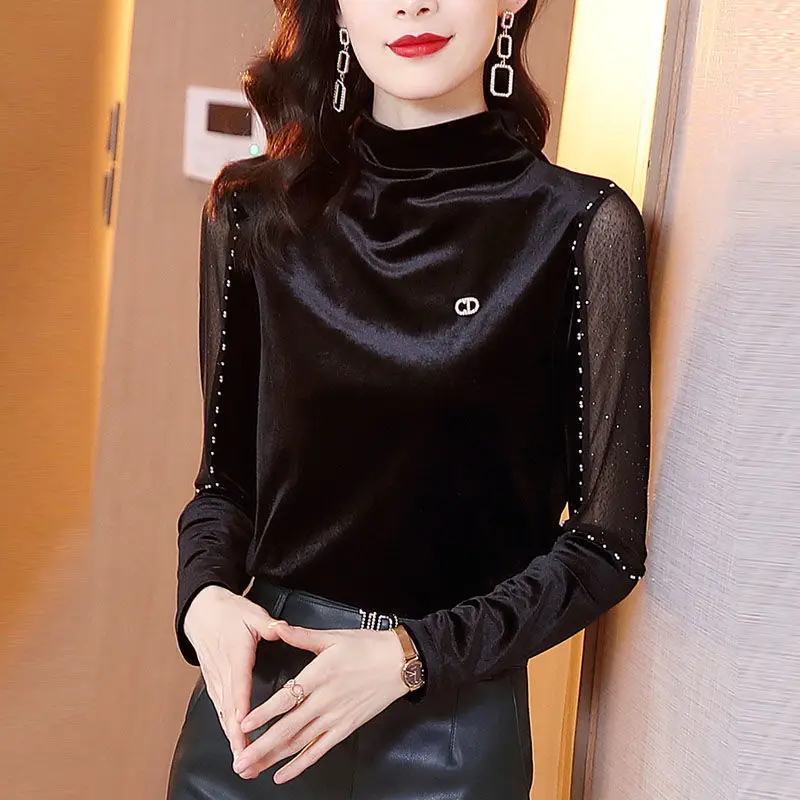 Gold velvet bottoming shirt women's spring and autumn 2023 new style half turtleneck black mesh beaded long-sleeved t-shirt
Gold velvet bottoming shirt women's spring and autumn 2023 new style half turtleneck black mesh beaded long-sleeved t-shirt