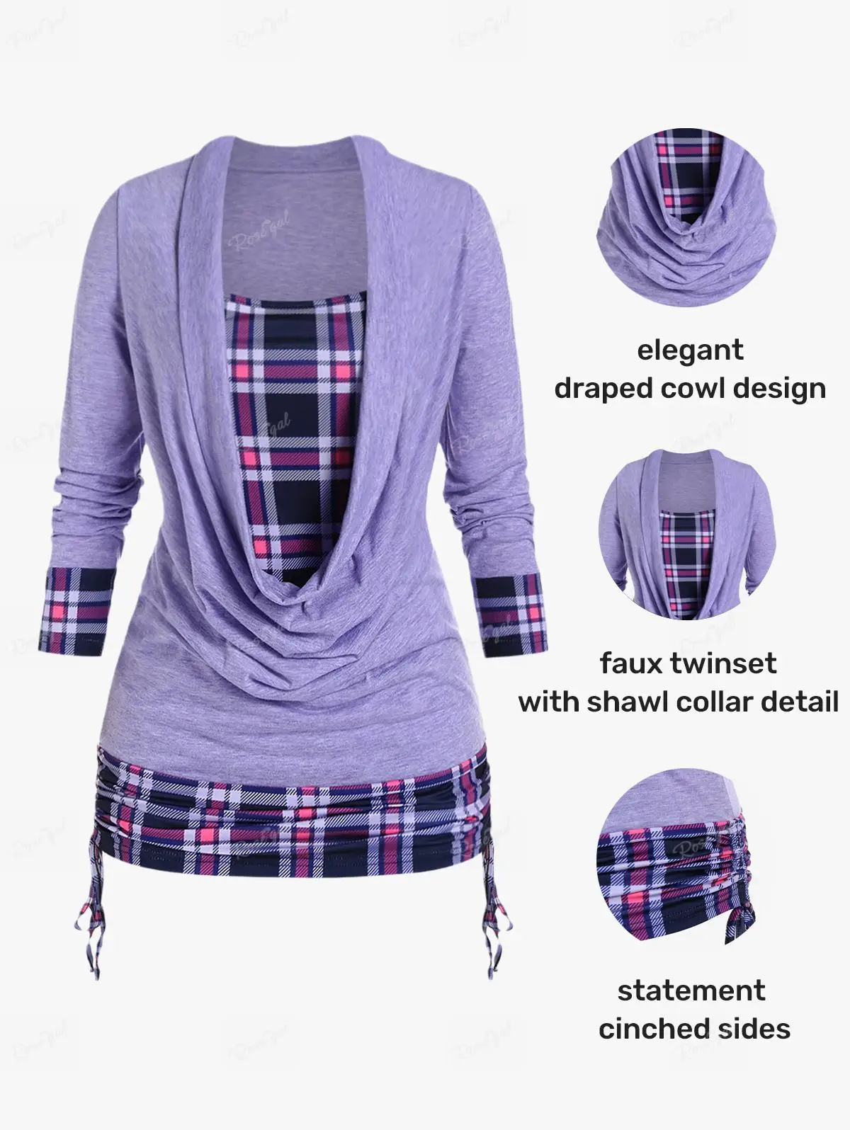 

ROSEGAL Plus Size Plaid Draped Cowl Cinched Ruched 2 in 1 Tee Women's Long Sleeve Top S-5XL Fake Two Pieces Twinset T-shirt