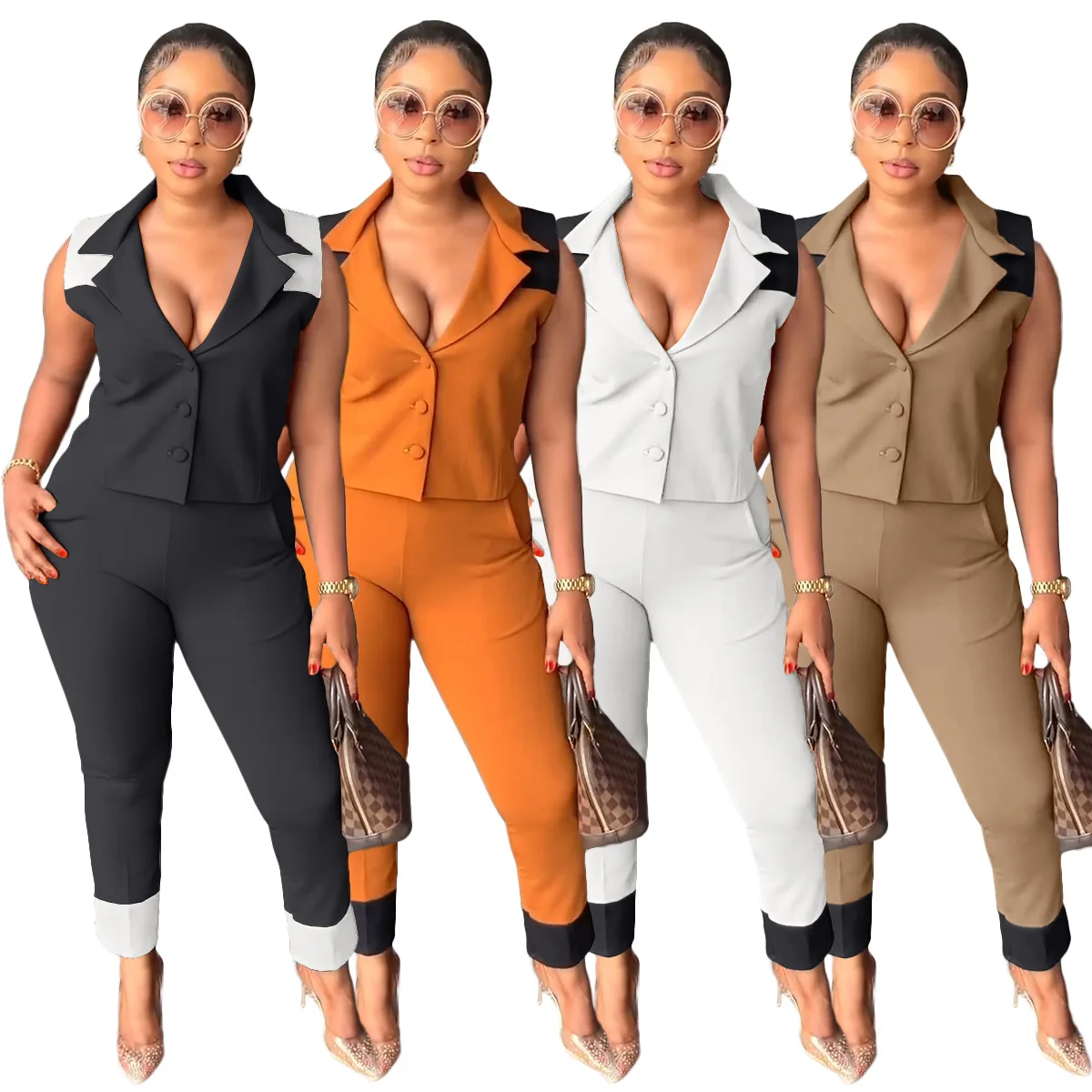 2023 Spring Office Lady V Neck Sleeveless Cardigan Women Patchwork Long Pants Shorts Casual Outfits Buttons Two Piece Pants Sets
2023 Spring Office Lady V Neck Sleeveless Cardigan Women Patchwork Long Pants Shorts Casual Outfits Buttons Two Piece Pants Sets
