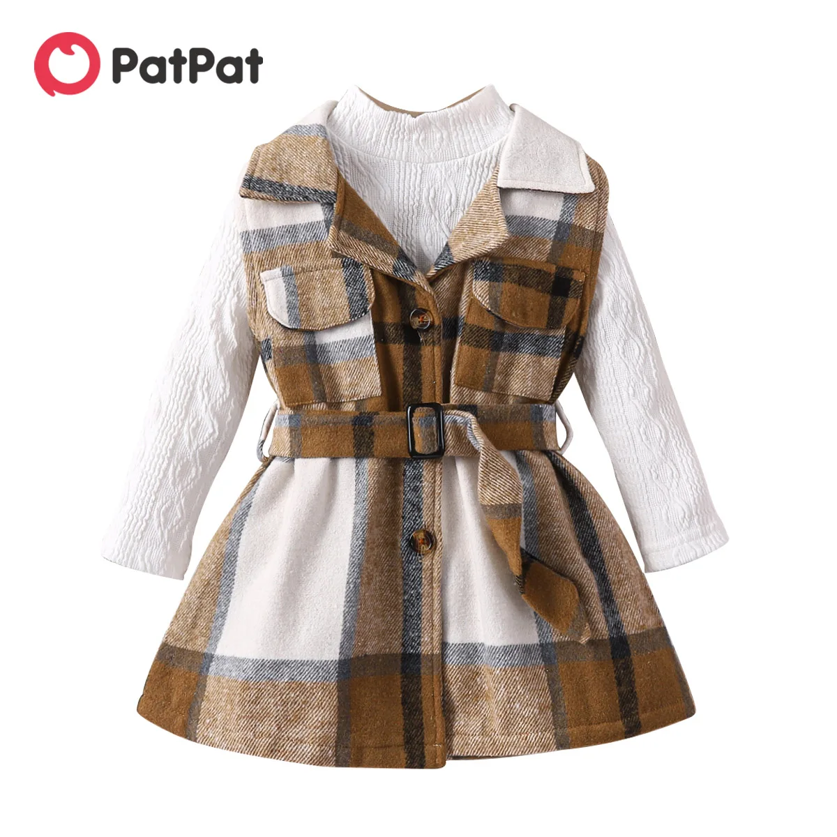 

PatPat 2pcs Toddler Girl Dresses Classic Mock Neck Textured Tee and Plaid Lapel Collar Belted Dress Sets