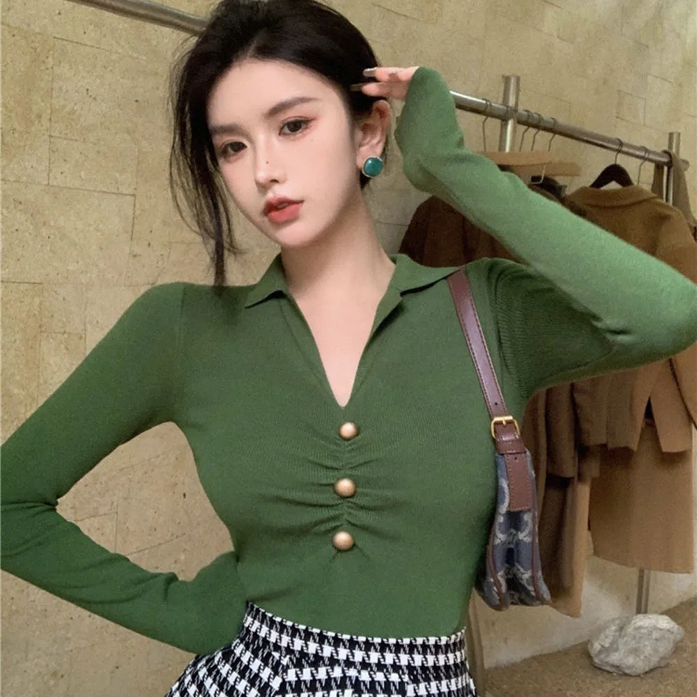 Spring Vintage Knit Sweater Pullover V-neck Long-sleeved Slim T-shirt Women's Fall Pullover 
Spring Vintage Knit Sweater Pullover V-neck Long-sleeved Slim T-shirt Women's Fall Pullover