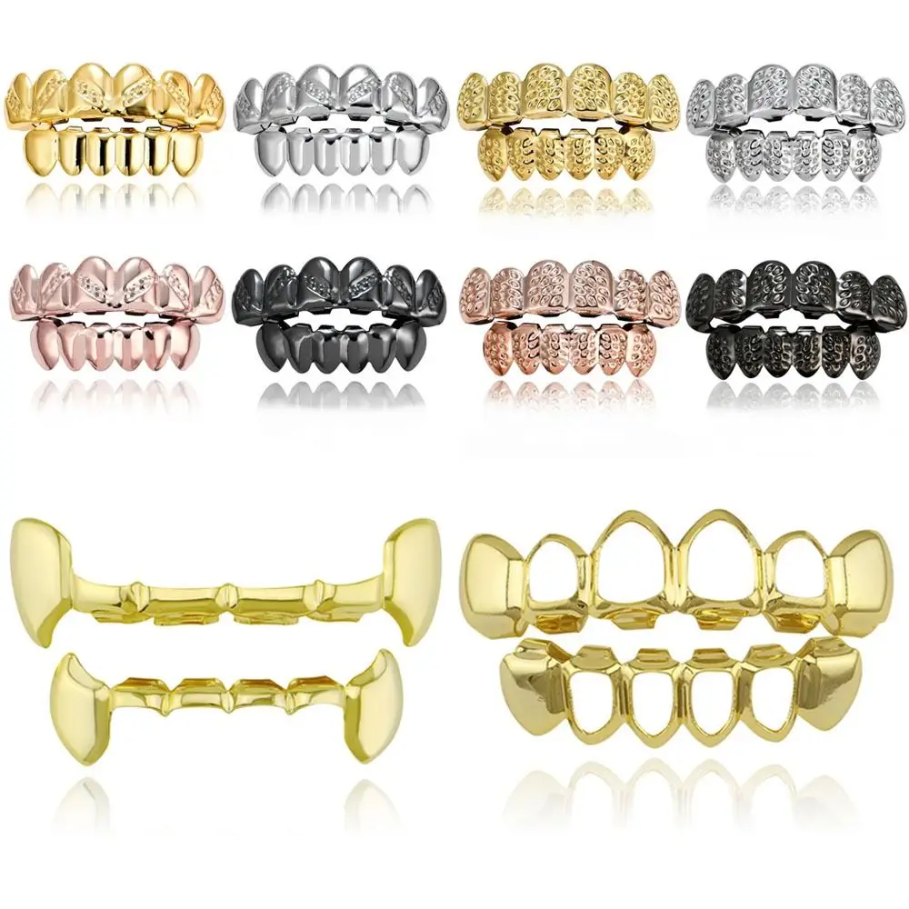 

1 Set Hip Hop Teeth Grillz 18K Gold Plated Dental Braces Removable Top Bottom Mouth Tooth Caps Cool Cosplay Party Dental Jewelry