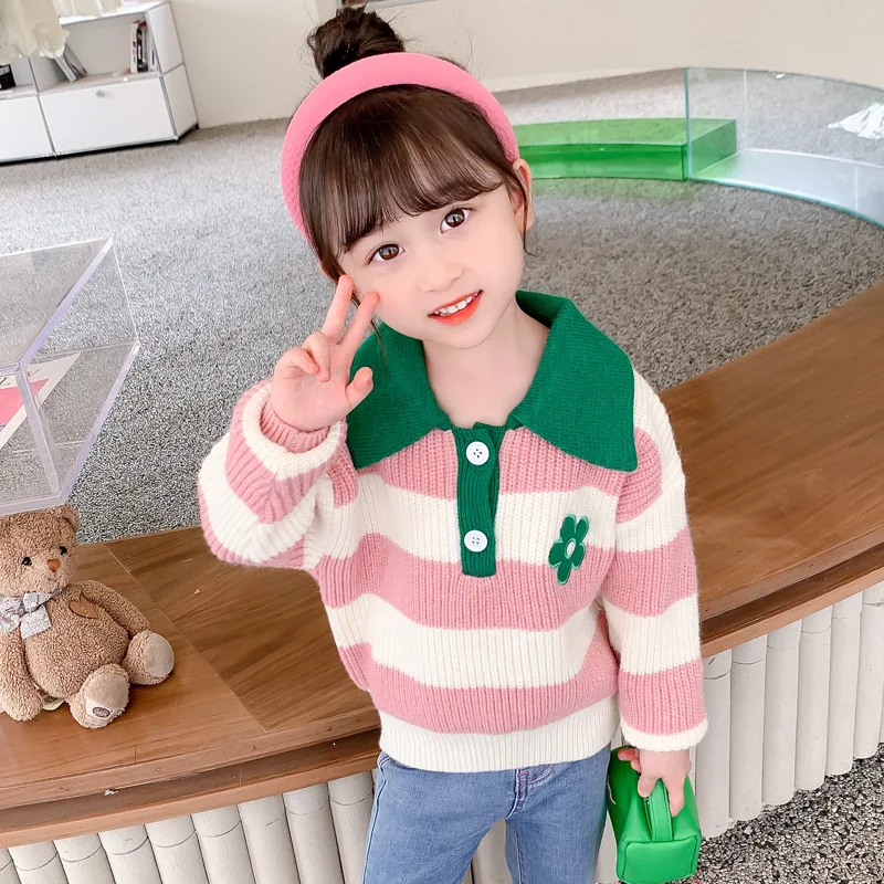 2022 Autumn and Winter Girls Knitted Contrast Color Lapels Sweater Children's Flower Striped Sweater Pullover
2022 Autumn and Winter Girls Knitted Contrast Color Lapels Sweater Children's Flower Striped Sweater Pullover
