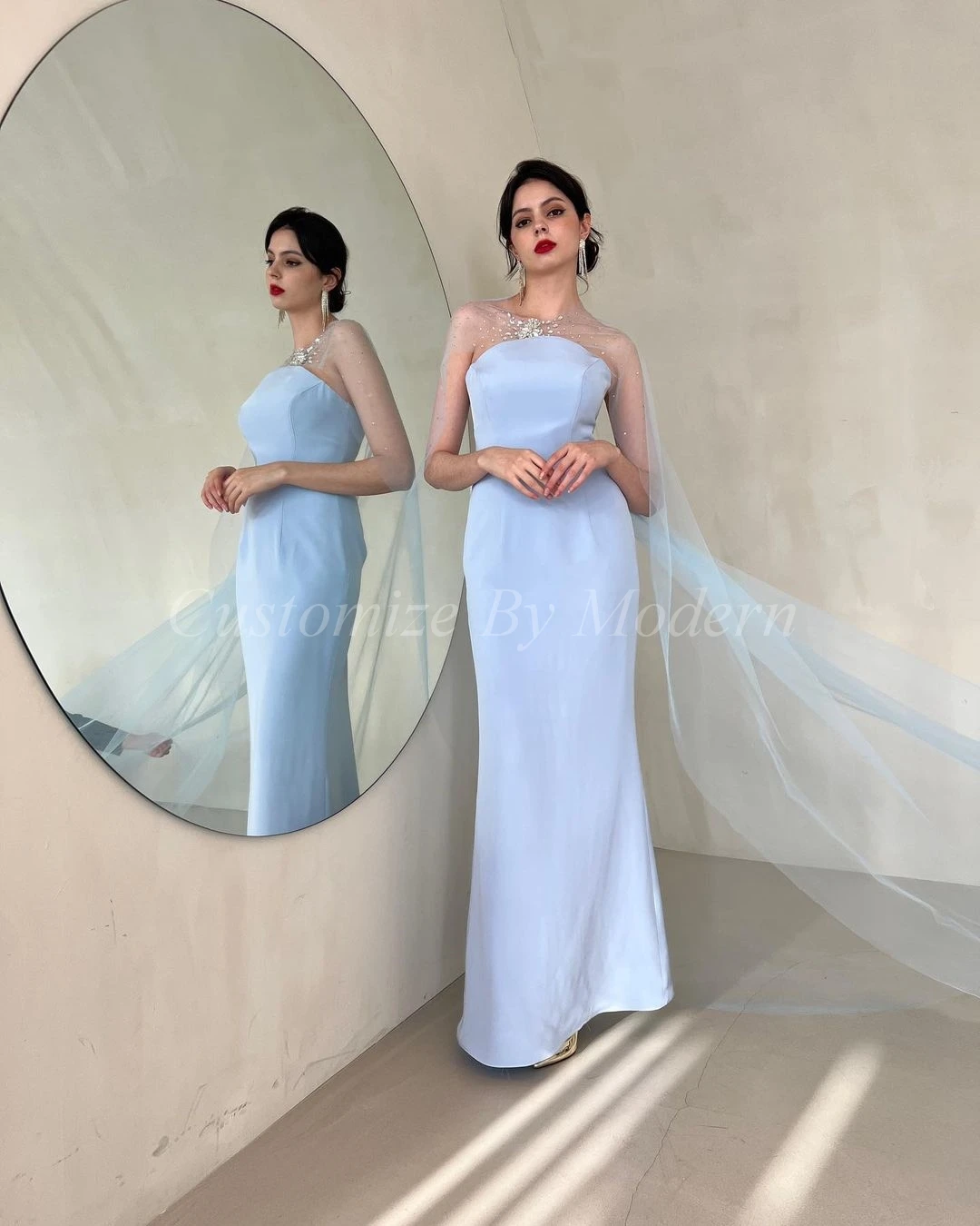 Light Blue Long Prom Dresses with Beadings Shawl Strapless Floor Length Saudi Arabia Women Evening Party Dress
Light Blue Long Prom Dresses with Beadings Shawl Strapless Floor Length Saudi Arabia Women Evening Party Dress