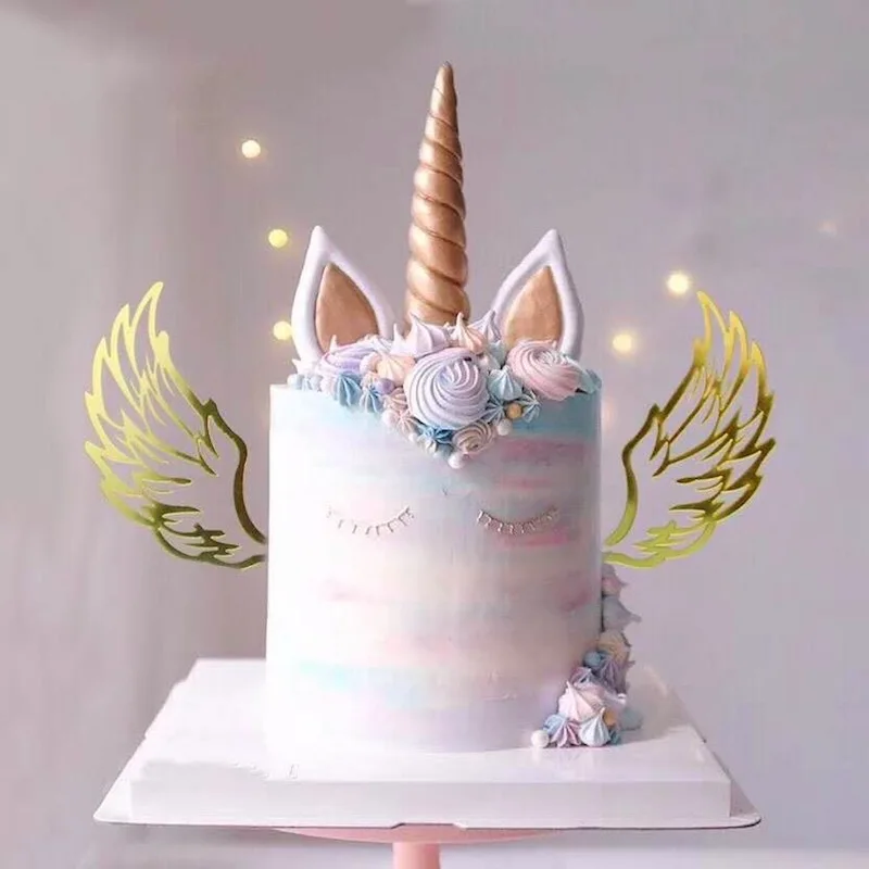 

2pcs Happy Birthday Cake Topper Angel Wings Unicorn Birthday Party Decorations Kids Acrylic Happy Brithday Decoration