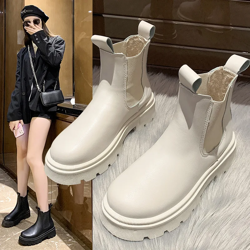 

Женские ботинки челси на платформе, коричневые, черные, бежевые или белые короткие ботильоны на меху, готическая обувь в стиле панк, Осень-зима 2022