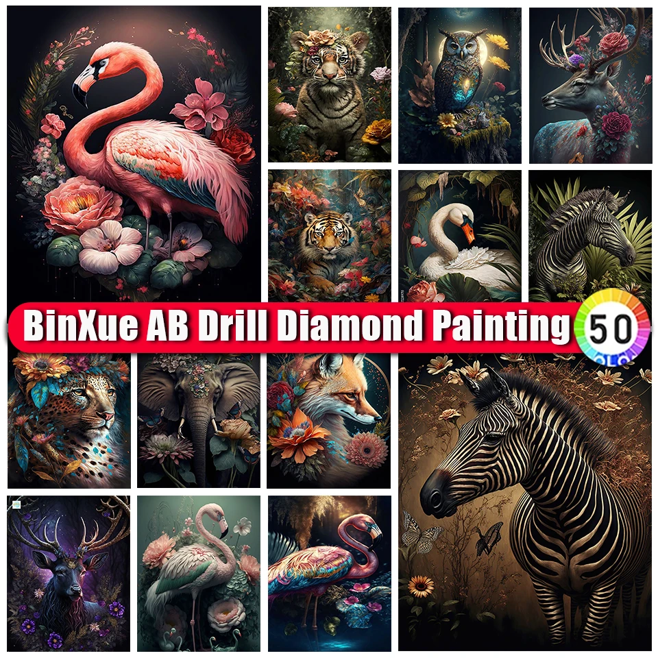 

BinXue Animal Flower AB Diamond Painting Flamingo Cross Stitch Tiger Owl Elk Zebra Swan Leopard Fox Elephant Handmade Mosaic Art