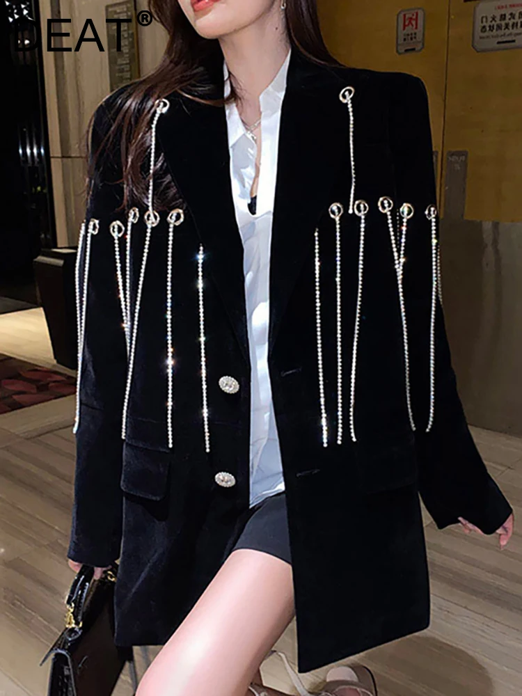 DEAT Fashion Women's Blazer Notched Collar Loose Single Breasted Spliced Tassel Chain Black Suit Jackets Spring 2023 New 17A6089
DEAT Fashion Women's Blazer Notched Collar Loose Single Breasted Spliced Tassel Chain Black Suit Jackets Spring 2023 New 17A6089