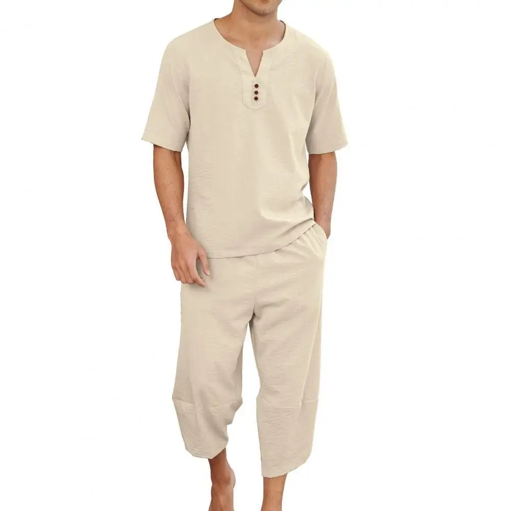 2 Pcs/Set Men Tracksuit Solid Color V Neck Elastic Waists Breathable Top Pants Set Casual Summer Men T-shirt Set for Daily Wear
2 Pcs/Set Men Tracksuit Solid Color V Neck Elastic Waists Breathable Top Pants Set Casual Summer Men T-shirt Set for Daily Wear