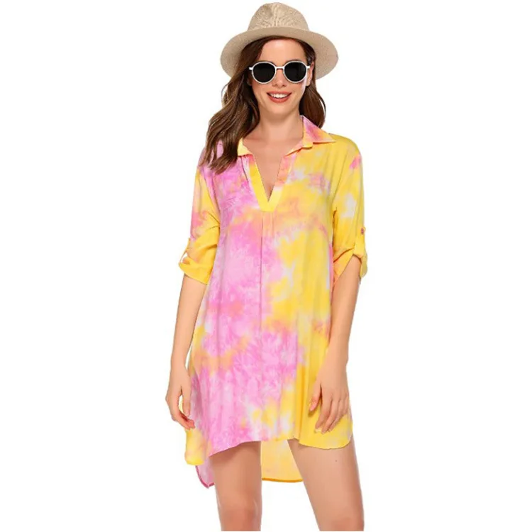 

Summer New Bikini Beach Cover Up Women Swimsuit Hawaiian Shirts Woman Loose Cover Ups Mini Dress Tunic Swimwear Robe De Plage