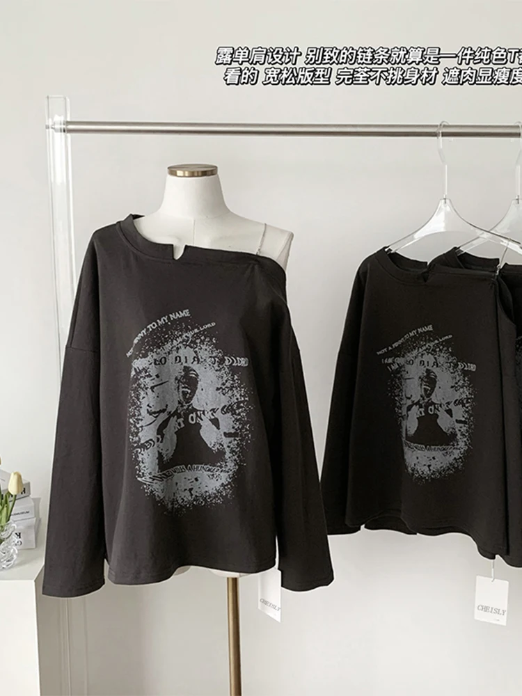 

Женская футболка с длинным рукавом, дизайнерская футболка с косым воротником в стиле ретро, украшенная цепочкой, уличная одежда в стиле Харадзюку