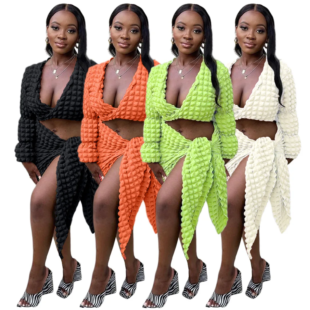 Hot Sale New Sexy Two Piece Set Women 2022 Autumn Womens Fashion Solid Color High Elastic Bubble Cloth Mini Wrap Skirt Suit
Hot Sale New Sexy Two Piece Set Women 2022 Autumn Womens Fashion Solid Color High Elastic Bubble Cloth Mini Wrap Skirt Suit