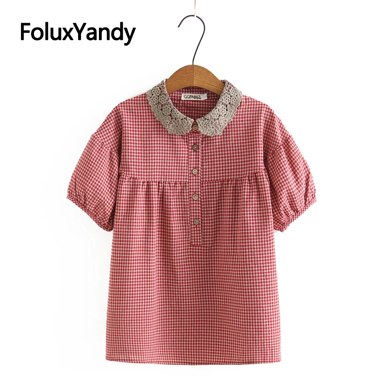 Lace Turn-down Collar Women Tops Plus Size Casual Plaid Short Sleeve T-shirt Summer Tops KKFY5836
Lace Turn-down Collar Women Tops Plus Size Casual Plaid Short Sleeve T-shirt Summer Tops KKFY5836