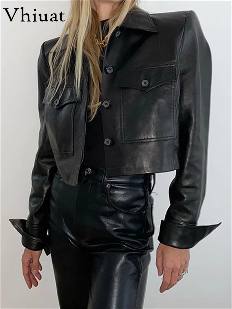 Vhiuat Female Vintage Black Long Sleeve Turn Down Collar Leather Jacket Tops Autumn Winter 2021 Short Coat Women Fashion Outwear 
Vhiuat Female Vintage Black Long Sleeve Turn Down Collar Leather Jacket Tops Autumn Winter 2021 Short Coat Women Fashion Outwear