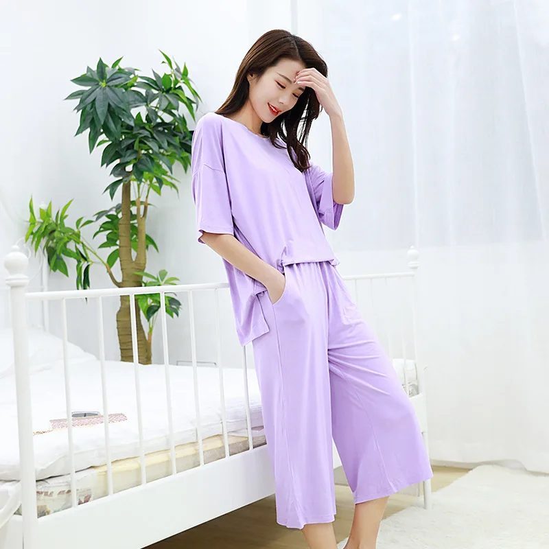 

Летний женский пижамный комплект с круглым вырезом Однотонная ночная рубашка свободная Ночная сорочка с рукавом до локтя Повседневная Домашняя одежда женская пижама женская