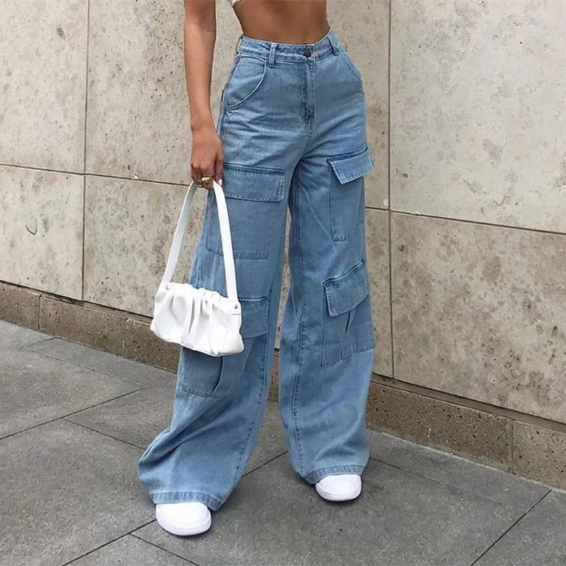 

Women 90s Y2K Patchwork Wide Leg Mom Jeans Big Pocket Cargo Pants Vintage Mopping Pants Casual Streetwear Boyfriend Denim Jeans