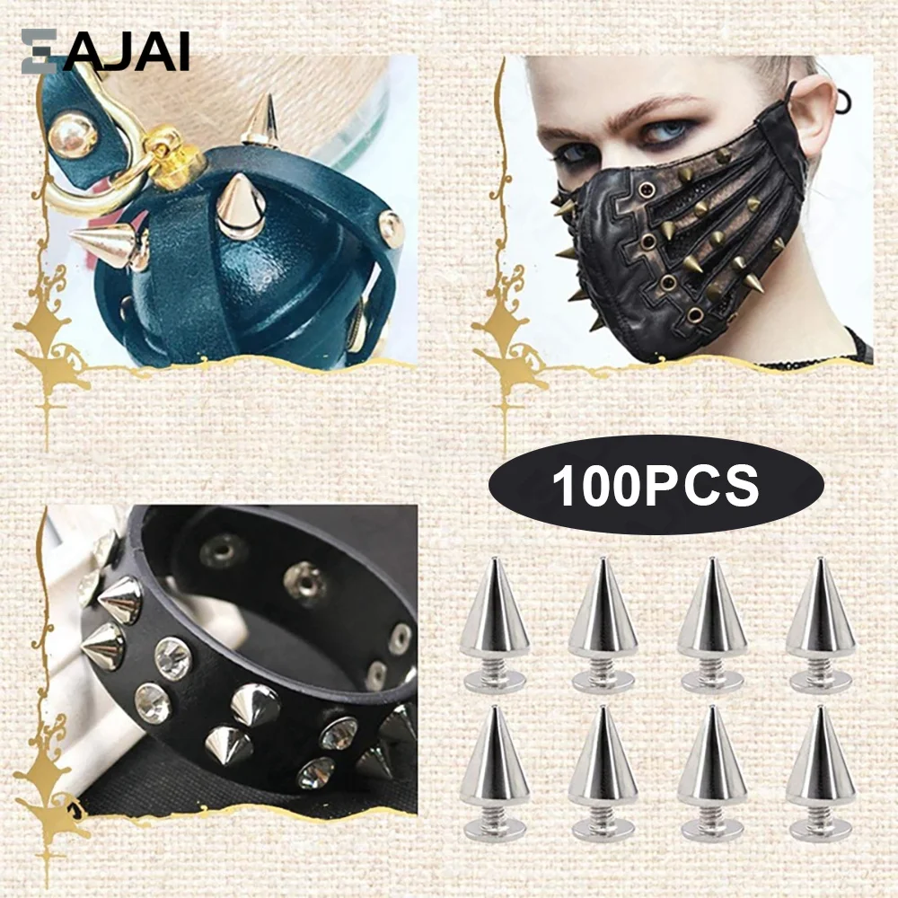 

Eajai 100pcs/set Silver Cone Studs And Spikes DIY Craft Cool Punk Garment Rivets For Clothes Bag Shoes Leather DIY Handcraft