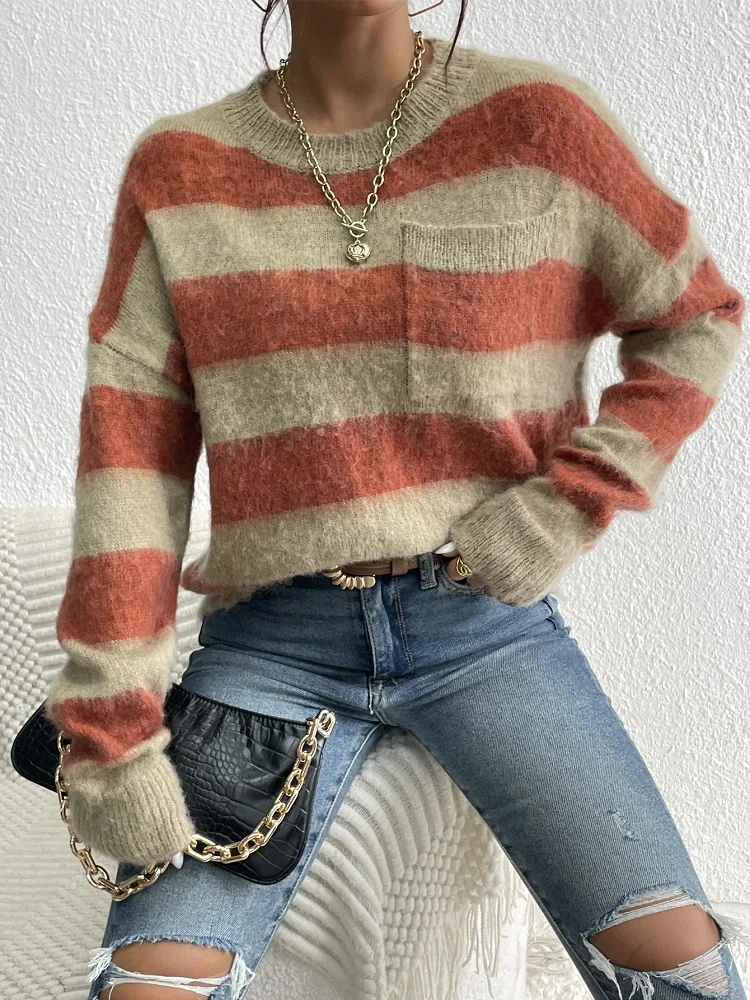 Toppies Knitted Sweater Women Fashion Stripes Contrast Round Neck Pullover Sweater Casual Loose Cute Jumper
Toppies Knitted Sweater Women Fashion Stripes Contrast Round Neck Pullover Sweater Casual Loose Cute Jumper