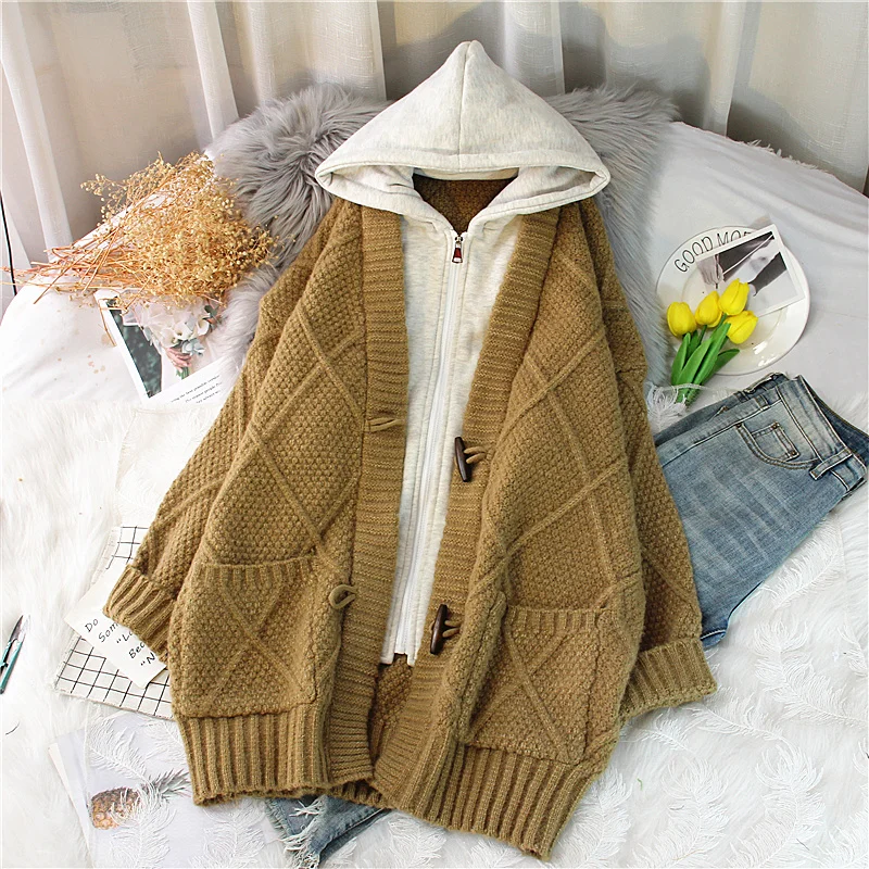 

DAYIFUN High Quality Sweater Oversize Solid Color Twist Hoodies Knitted Fake Two-piece Zipper Hooded Sweatshirt Thick Loose Coat