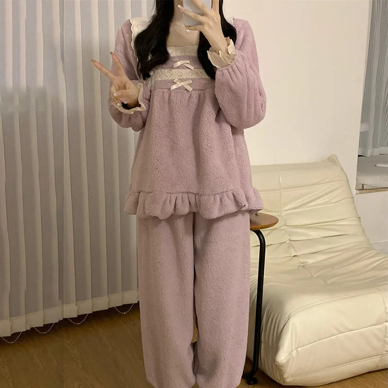 

Новые теплые зимние пушистые домашние утепленные коралловые бархатные пушистые пижамные комплекты для женщин однотонные длинные пижамы хлопковые простые корейские кавайные