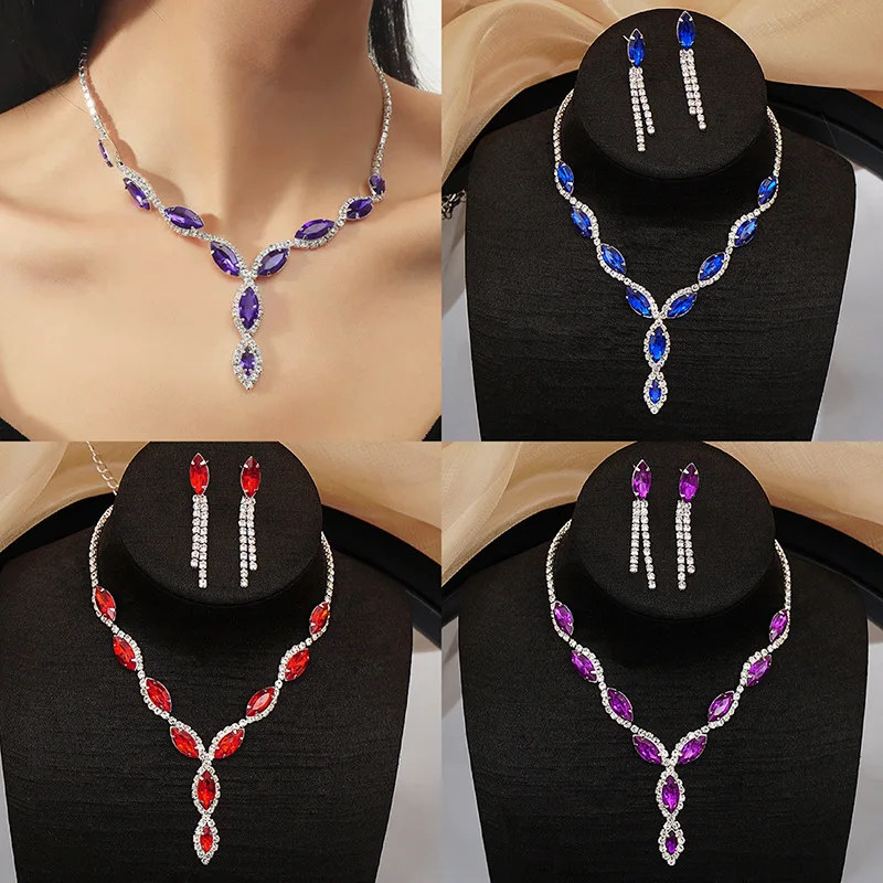 New Red Blue Purple Crystal Rhinestone Bridal Wedding Necklace Earrings Two-piece Suit Banquet Dress Necklace Jewelry Set
New Red Blue Purple Crystal Rhinestone Bridal Wedding Necklace Earrings Two-piece Suit Banquet Dress Necklace Jewelry Set