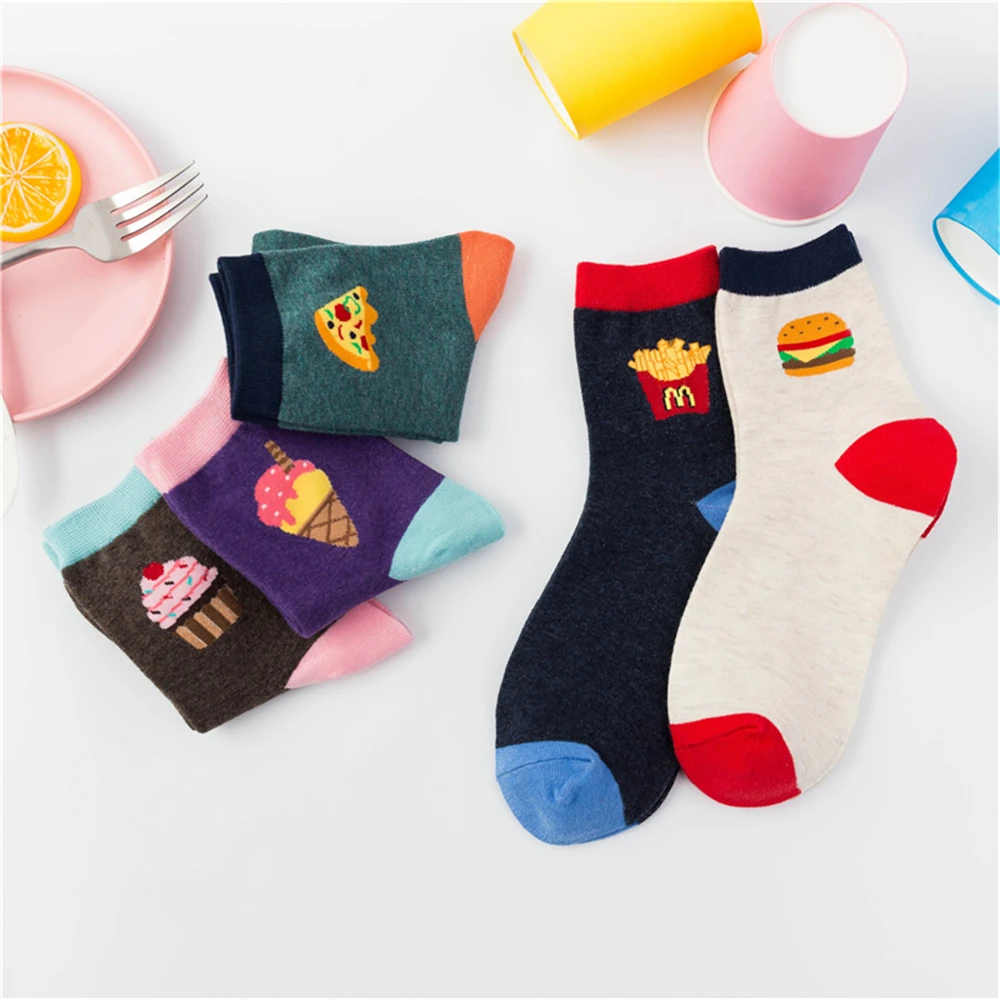 

New Womens' Cartoon Burger Fries Pizza Cola Ice Cream Cake Patterned Literary Funny Foods Unisex Christmas Gift Socks Dropship