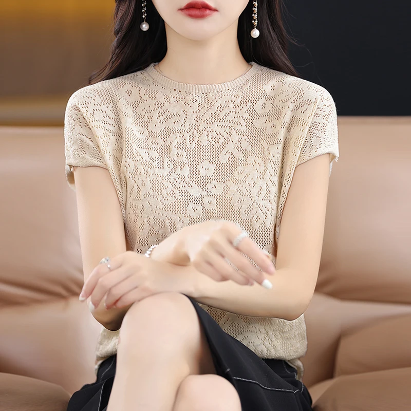 Lace Short Sleeve T-shirt Women Short Solid Hook Flower Hollow Tank Top Thin Top Thin Knitwear Elegant Blusas Clothes 27378
Lace Short Sleeve T-shirt Women Short Solid Hook Flower Hollow Tank Top Thin Top Thin Knitwear Elegant Blusas Clothes 27378