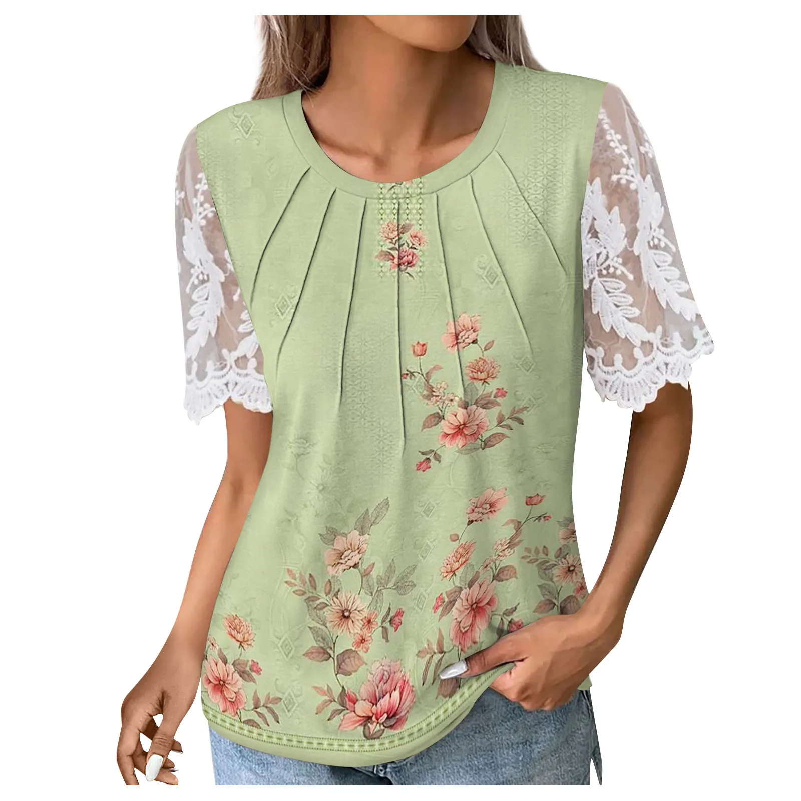 Women'S Fashion Casual Loose Lace Solid Color Short Sleeve Printed Pleated Stripe T-Shirt Top Top Women Fashion Woman Blouse
Women'S Fashion Casual Loose Lace Solid Color Short Sleeve Printed Pleated Stripe T-Shirt Top Top Women Fashion Woman Blouse