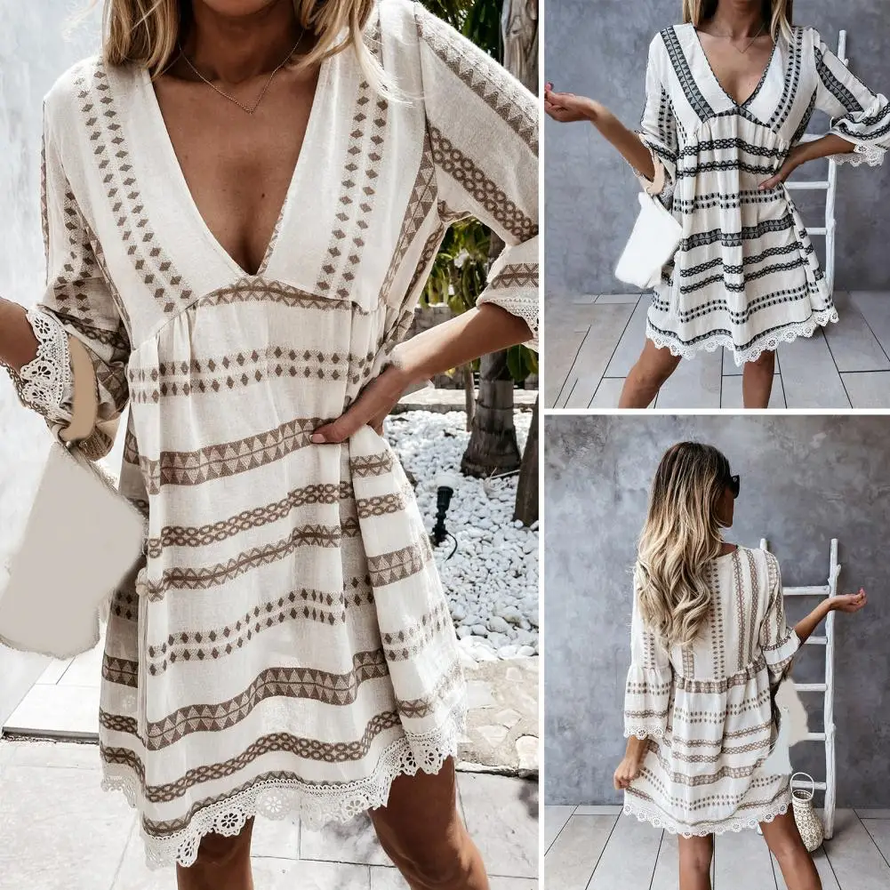 V Neck Women Dress Three-quarter Sleeve Loose Commuting Striped Design Summer Dress Female Clothes
V Neck Women Dress Three-quarter Sleeve Loose Commuting Striped Design Summer Dress Female Clothes