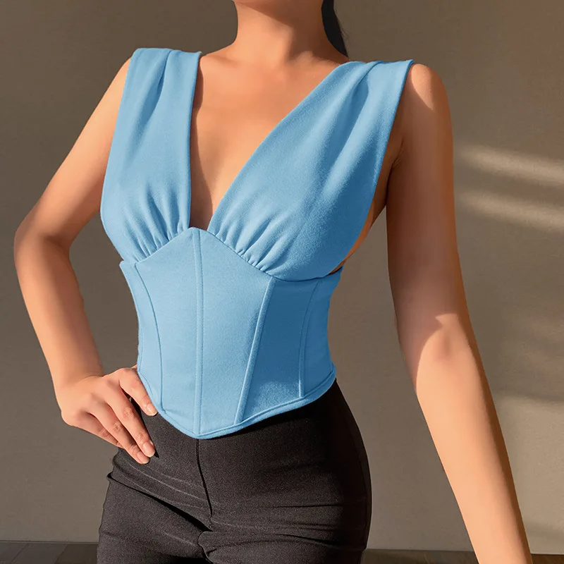 

Summer 2021 Fashion Sexy Backless Deep V-Neck Crop Blue Tops for Women Boned Sleeveless Lace Up Top Female Cropped Top Indie
