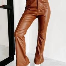 Women Vintage Faux Leather Trousers High Waist Stretch PU Flare Pants Slacks Hem Side Split Ladies Slim Pants Custom Clubwear