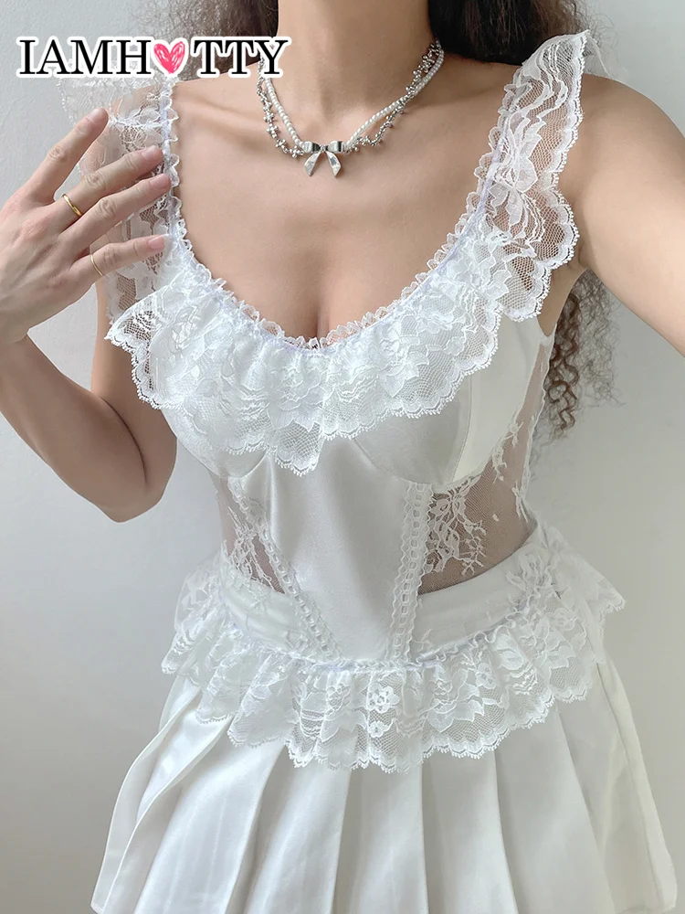 

IAMHOTTY Transparent Lace Ruffle Sweet Tank Top Women Sexy Corset Top Patchwork Fairycore Aesthetic Camis Y2K Coquette Vest Hot