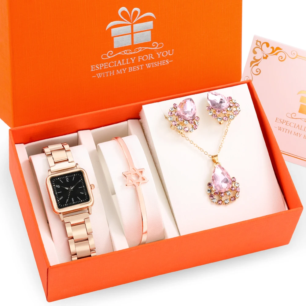 2022 Luminous Luxury Rose Gold Women Watch Set Exquisite Necklace Bracelet Earring Square Quartz Watches Sets Birthday for Wife
2022 Luminous Luxury Rose Gold Women Watch Set Exquisite Necklace Bracelet Earring Square Quartz Watches Sets Birthday for Wife