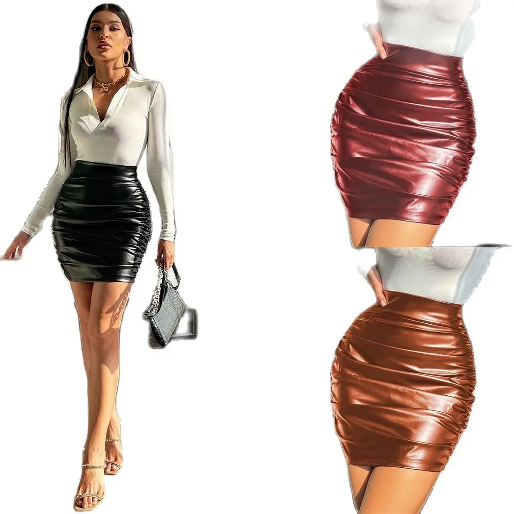 

2023 New Women PU Leather Bodycon Short Skirt Asymmetrical Tulip Hem Ruched Wrap Skirt