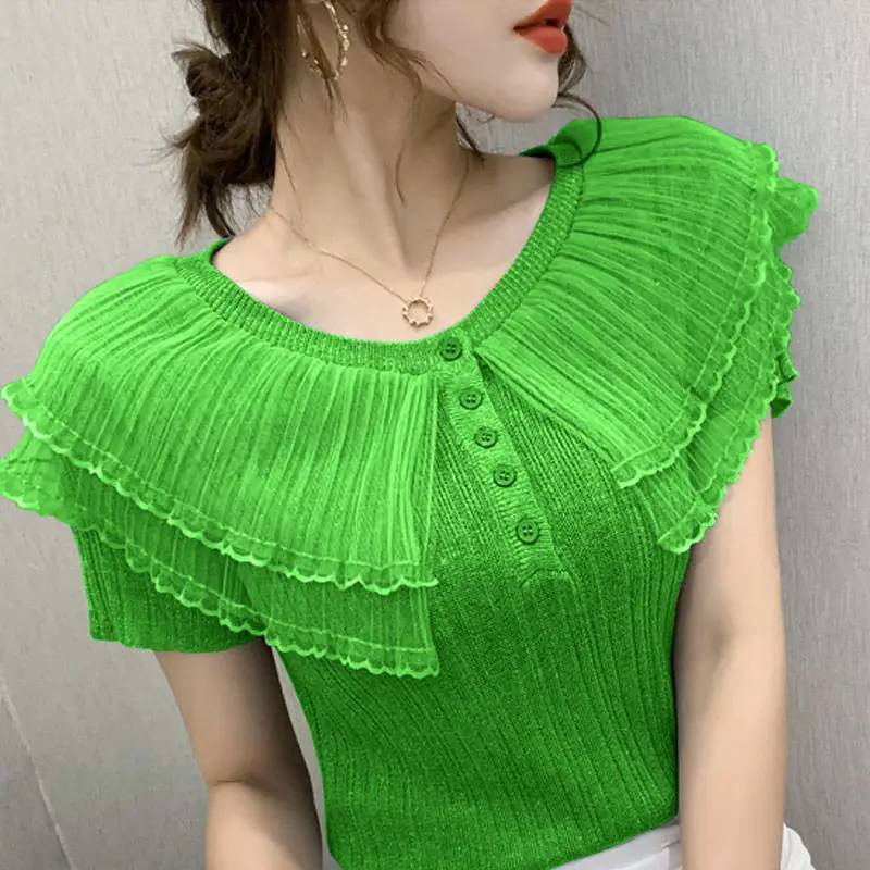 2022 Spring Summer Women New Mesh Stitching Shirts Female Thin Short Sleeve Blouses Ladies Solid Ice Silk Knitted Shirts H48
2022 Spring Summer Women New Mesh Stitching Shirts Female Thin Short Sleeve Blouses Ladies Solid Ice Silk Knitted Shirts H48