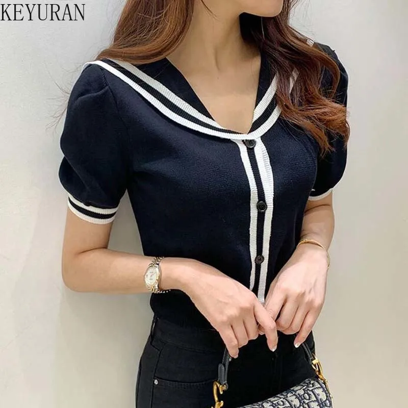 Sailor Collar Short Knitted Cardigan Women Sweater Korean Ins Contrast Color Puff Short Sleeve Thin Ice Silk Crop Top Small Coat
Sailor Collar Short Knitted Cardigan Women Sweater Korean Ins Contrast Color Puff Short Sleeve Thin Ice Silk Crop Top Small Coat