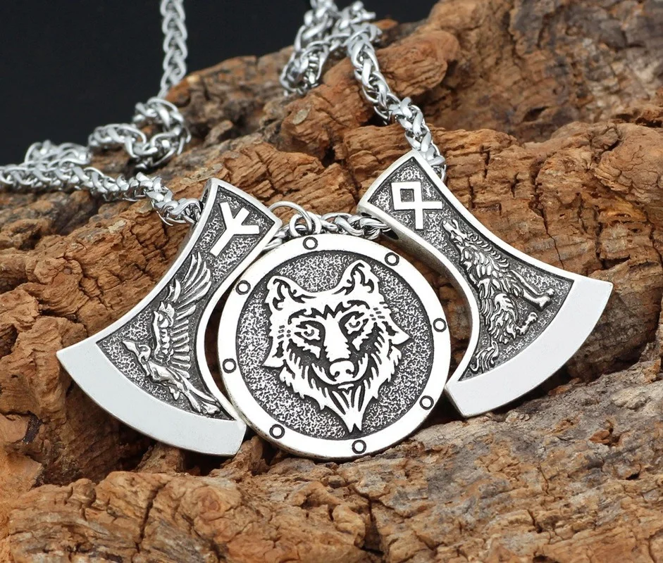

Men's Pendant Necklace double sided axe wolf head Odin crow head Rune Necklace neck fashion simple pendant sweater chain