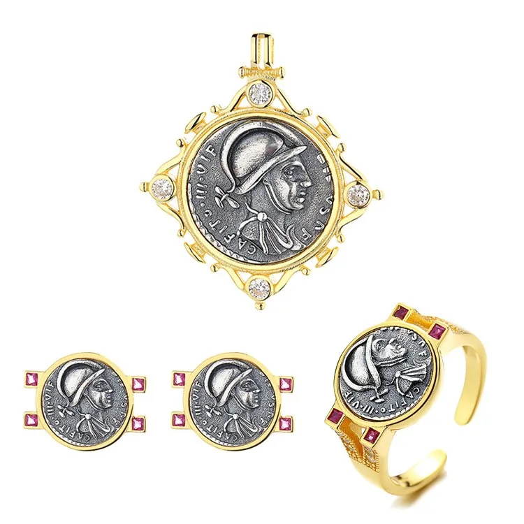 

MES ZFSILVER S925 Silver Fashion Mars Retro Gold Ancient Coin Set Earring Ring Pendant Without Chain Women Wedding Jewelry Gifts