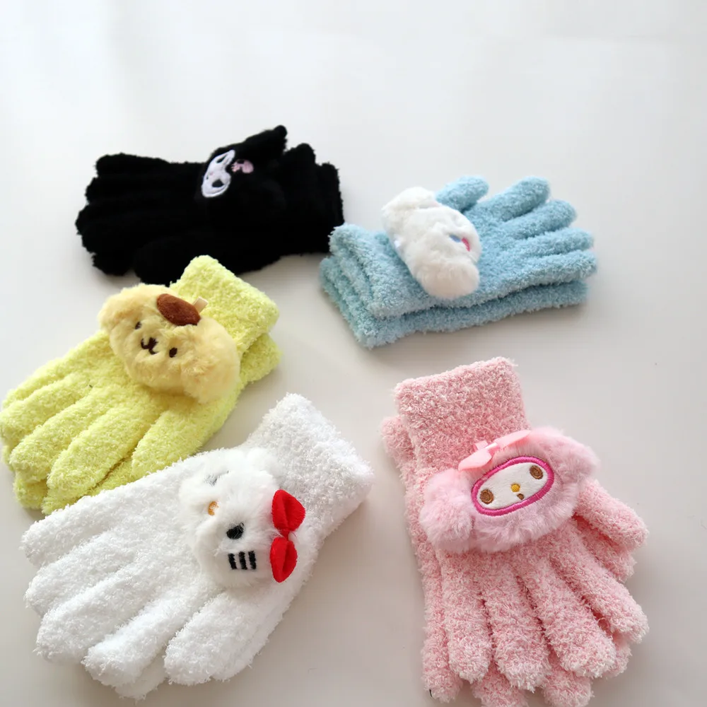 

Kawaii Sanrios My Melody Cinnamoroll Kuromi Cartoon Warm Soft Plush Cute Gloves Child Full Finger Mittens Winter Knitted Gloves