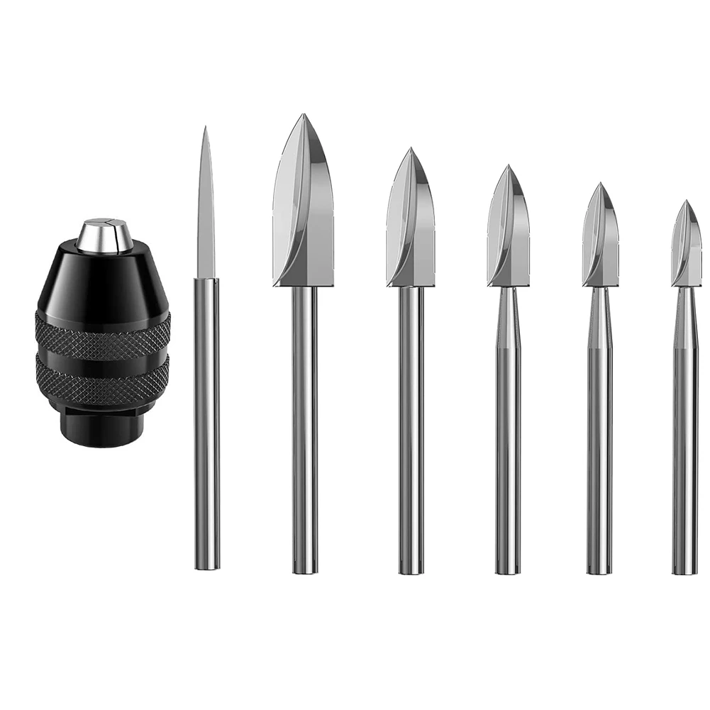 7Pc Wood Carving Tools 1/8Inch Shank HSS Engraving Drill Tool Wood Crafts Accessories with 4486 Chuck for Dremel Tool
7Pc Wood Carving Tools 1/8Inch Shank HSS Engraving Drill Tool Wood Crafts Accessories with 4486 Chuck for Dremel Tool