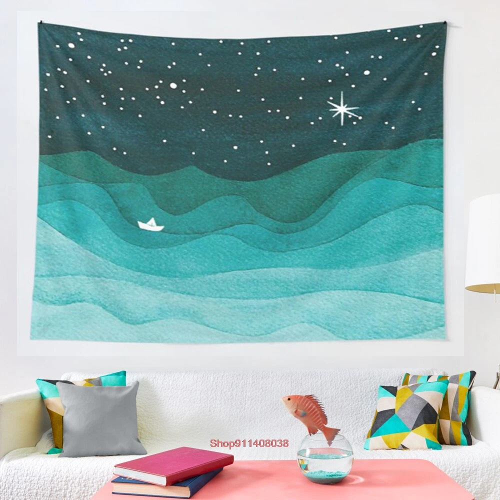 

Starry Ocean teal sailboat watercolor sea waves night tapestry Art Wall Hanging Tapestries for Living Room Home Dorm Decor